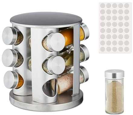 Relaxdays Gewürzkarussell, 12 Gewürzgläser je 80ml, mit Streueinsatz, drehbar, nachfüllbare Gewürzbar, Edelstahl, silber