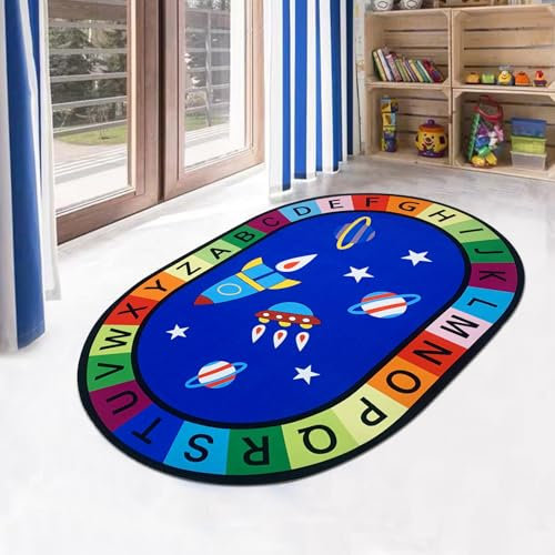 USTIDE Alphabet Pädagogischer Kinder Teppich Blau 80x120cm Rakete Luftschiff Teppiche für Kinder ABC Buchstaben Lernen Matte