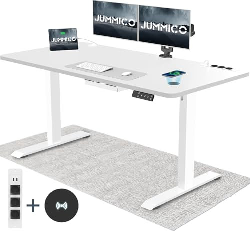 JUMMICO Bureau réglable en Hauteur avec Station de Charge sans Fil et Prise européenne avec USB, 140 x 70 cm, Bureau électrique réglable en Hauteur, avec roulettes, Blanc