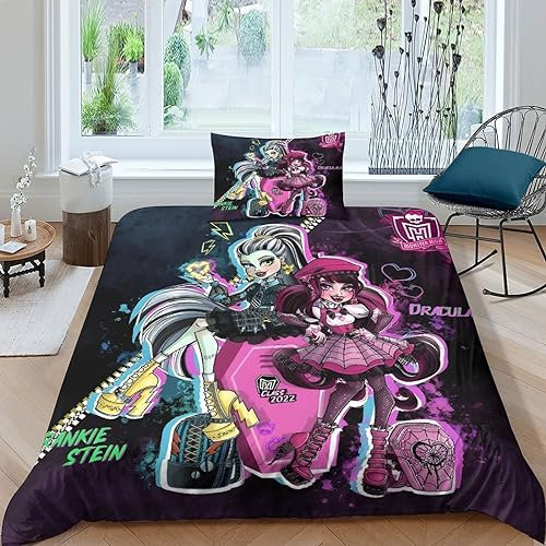 GIOSBR Monster High 3D Gedruckter Mädchen Junge Kinder Bettbezug Set Bettwäschegarnitur Reissverschluss Und Kissenbezüge Bettwäsche Weich Microfaser 2 Teilig Single(135x200cm)