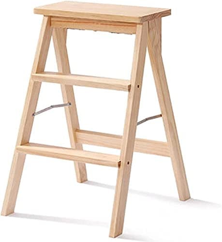 SZITW Klappbarer Tritthocker, Tritthocker, klappbarer 3-Stufen-Hocker für Erwachsene/Senioren, tragbare Trittleiter aus Holz für Küche/Schlafzimmer, maximale Belastung 150 kg (Holzfarbe) (weiß) (H