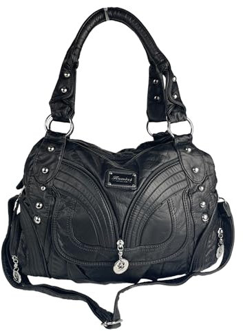 Kumixi Damen Schultertasche mit vielen Fächern und Schultertrageriemen | Handtasche | Alltagstasche | mittelgroß (schwarz)