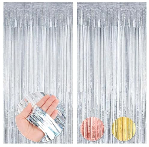 RISVOWO 2 Pièces Argent Rideau Métallique de Frange, Rideau Frange Anniversaire, Foil Fringe Curtain, Décoration Fond Photo pour Mur Photographie Mariage Anniversaire Fête Noël Party, Argent (1 x 2m)