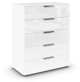 B0CWMHFPH7 Rauch Möbel Flipp, Hochkommode mit viel Stauraum für Flur, Wohnzimmer, Schlafzimmer, Alpinweiß/Glasfront Weiß, 5 Schubkästen, Griffe Chrom, 80x100x42cm