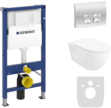 Lavita Duofix Basic Vorwandelement + Wand Tiefspül WC Sinto Grande Weiß Spülrandlos + WC Sitz + Bedienplatte Delta 25 Verchromt Knopf Komplettset Unterputz Spülkasten Toilette Komplett Sett WC