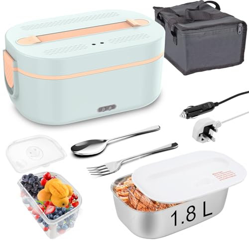 ErayLife Electric Heating Lunch Box, 80W 5-in-1 Heated Food Warmer Portable 1.8L 304 Stainless Steel Leakproof 12V 24V 220V Food Heater with Spoon & Fork for Car/Truck/Office