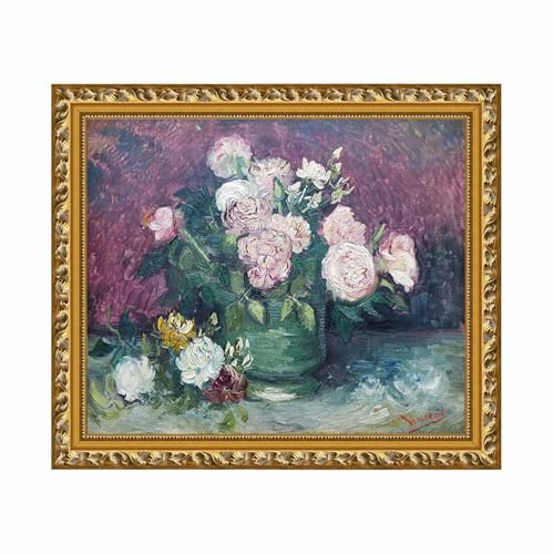 CURVIG 《Bowl with Peonies and Roses》by VIncent Van Gogh | Impression sur toile - Image sur Toile - Decoration murale - Tableau Mural - Tableaux pour la mur(30x36cm-12x14In Gold-1104)