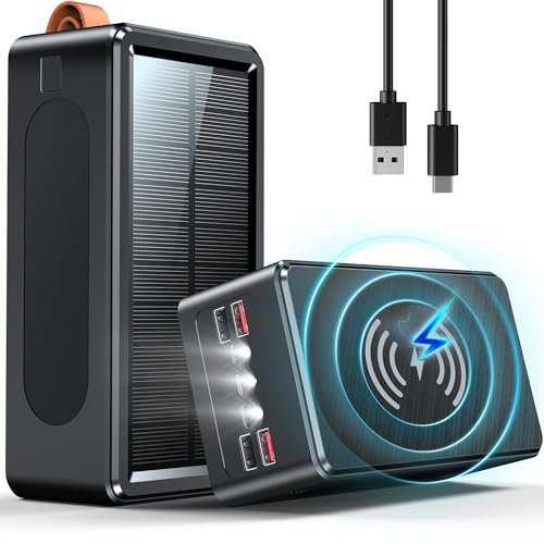 Batterie Externe Solaire 90000mAh, 35W PD 3.0A USB C Power Bank Charge Rapide avec 7 Port (4 USB & 2 Type-c), 15W Chargement sans Fil, Lampe de Poche, Chargeur Solaire pour Téléphone