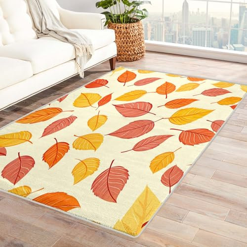 Teppich Wohnzimmer Herbst - Teppich Wohnzimmer Schlafzimmer Herbst Blätter, Kleiner Teppich Orange Blätter, Weich Kurzflor & Waschbar & rutschfest Fussmatte Innen, Kinderteppich 50x80 cm