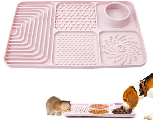 Leckmatte Hund,Schleckmatte Katze,Schleckmatte Hund mit Saugnapf,Silikon Schleckmatte mit Langsamer Futterbereich,Leckbereich,Trinkbereich,Leckmatte Katze für Angstabbau und Training(Rosa)