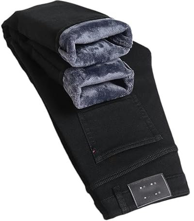 BoShiNuo Winter Fleece Herren Jeans verdicken warme Schwarze elastische Business Casual gerade Denim Hosen Mann Kleidung Black 28