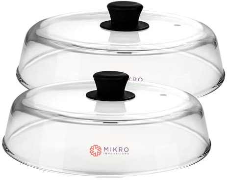 2 Pack Glass Microwave splatter covers for food plate - Sturdy Borosilicate glass splatter guard with vent hole - 100% Food Safe BPA free Easy Grip Silicone Knob and Dishwasher safe
