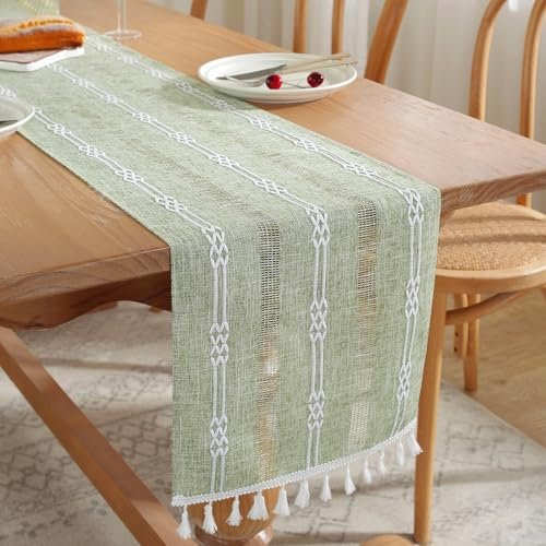 EOAMGO Tischläufer, 160x32 cm Landhausstil Quasten Baumwolle und Hanf Tischläufer, Tischläufer Modern Tischdecke Abwaschbar für Hochzeitsdeko, Tischdeko, Boho Deko, Parties, Weihnachten (Salbeigrün)