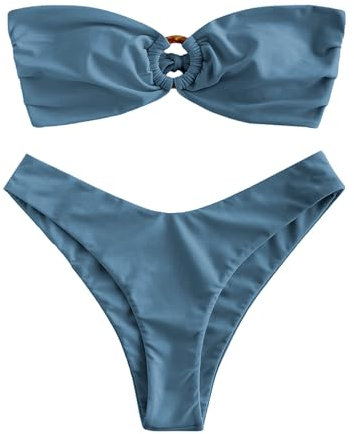 ZAFUL Damen Bandeau-Bikini, O-Ring, trägerlos, Raffhalter, hoher Schnitt, zweiteiliger Badeanzug, 1-Haze Blue, Medium