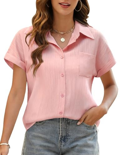 Niwicee Chemisier Elegant pour Femme - Blouse Ete Lin à Boutons V Top avec Poches - T-Shirt Manche Courte Casual