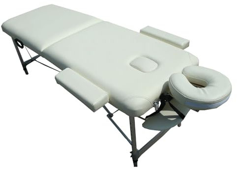 Mucola Massageliege 2 Zonen Massagetisch Aluminium | klappbar und höhenverstellbar | Portable Massagebank inkl. Zubehör Kopfstütze, Armlehnen und Tragetasche - Creme