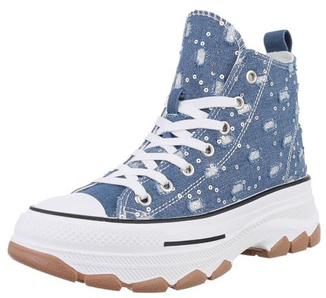 Ital Design Damenschuhe Freizeitschuhe Sneakers High, BMH-103-, Textil, Dunkelblau Weiß, Gr. 37