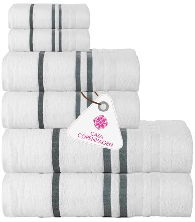 Casa Copenhagen Exotisches 6-teiliges Handtuch-Set, Weiß, 525 g/m², 2 Badetücher, 2 Handtücher, 2 Waschlappen aus weicher ägyptischer Baumwolle für Badezimmer, Küche und Dusche