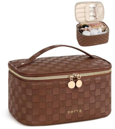 Prite Makeup Bag Toiletry Case for Women with Brush Holder, Brown, Standard | Travel Essentials, Cosmetic Organiser, Multi-Compartments, Detachable Divider, Water-Resistant Faux Leather, Durable Handle