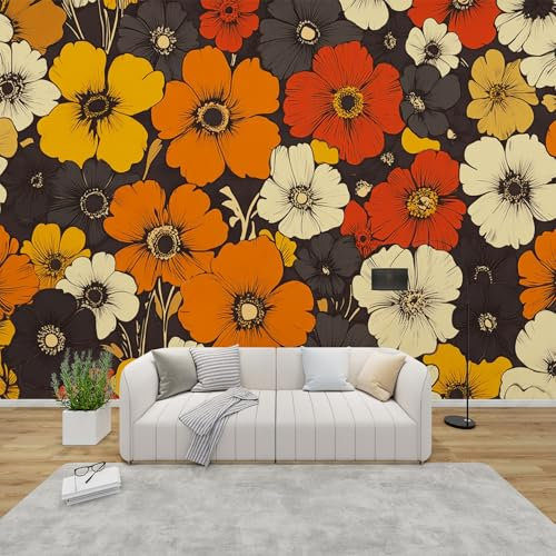 PaxGloz Fototapete Retro Blumen Muster Tapete Orange Gelb Vliestapete Modern Wandtapete Wohnzimmer Schlafzimmer Kinderzimmer Vintage Stil Wanddeko Motivtapeten 350 x 256 cm (B x H)