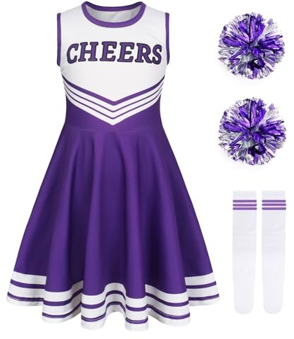 Berich Costume da cheerleader per bambine, con pompon e calzini, uniforme per Halloween, costume da cheerleader per bambini