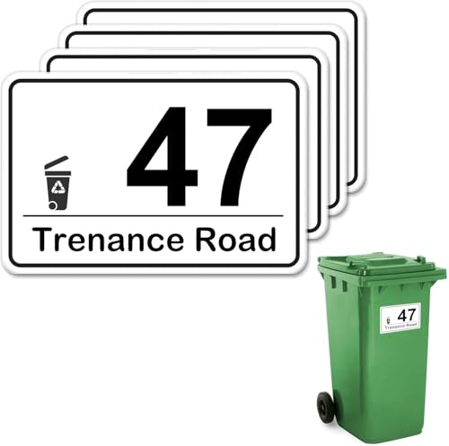 4 x Customised Wheelie Bin Number and Address Stickers Self Adhesive with Personalised House Number and Street or Road Name Waterproof and Weatherproof Custom Bin Sticker 10x15cm (Option 03)