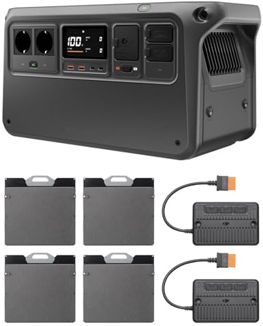 Station électrique portable DJI Power 1000 V2 avec quatre panneaux solaires pliables de 200 W, batterie LFP de 1 024 Wh/2 600 W, 2 modules adaptateur de panneau solaire, utilisation en extérieur