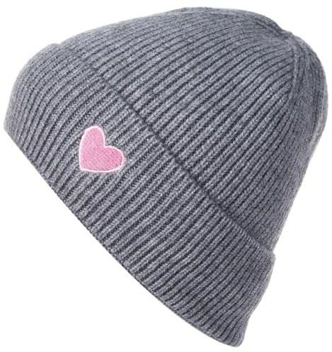 styleBREAKER Damen Strick Beanie mit Herz Stickerei & Fleece Futter | Warme Wintermütze Einheitsgröße 56-59 cm | Weiche gefütterte Beanie Mütze