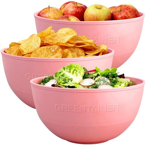 Greentainer Large Plastic Bowl Sets, 4L Heat-Proof Bowls Reusable Serving Mixing Bowls for Snacks, Fruit, Baking, Cooking, Salad & Food Prep, Microwave & Dishwasher Safe, 3 Pack (Pink)