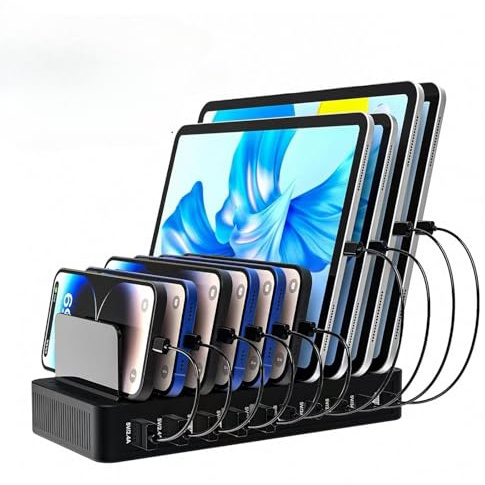 10 Ports USB Charging Hub, 100W Portable Charger Station for Multiple Devices, Desktop Charger Organizer Docking Station with Adjustable Dividers for iPad, Phones, Tablets, Earphones (Black)