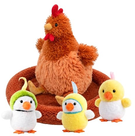 OhebEsx Huhn Kuscheltier, 5 Teiliges Set, 1 Großes Huhn 22cm, 3 Küken Kuscheltier Und 1 Nest, Weiches Stofftier Set, Ideal Für Wohnraum Und Geschenke