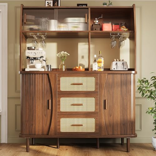 Buffet Cuisine 140x175 cm (BxH), Haut Armoire de Cuisine, Vaisselier avec Portes Coulissantes, avec Plans de Travail et 3 Rattan Tiroirs, Meuble de Rangement, pour Salon, Salle à Manger (Brown-10D)