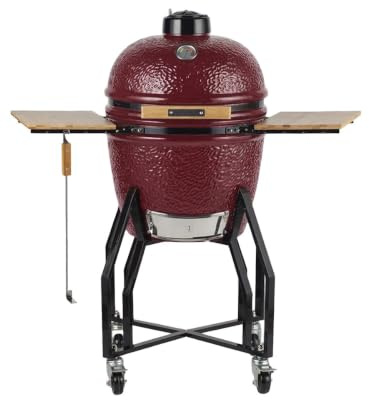 INTEC - Barbecue a carbone in ceramica Kamado rosso 2 zone di cottura Grill & Affumicatore Ø56 cm - Barbecue mobile + 2 ripiani