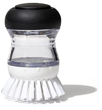 OXO Good Grips Cepillo con dispensador de jabón para fregar platos, sartenes y ollas, acero inoxidable, transparente