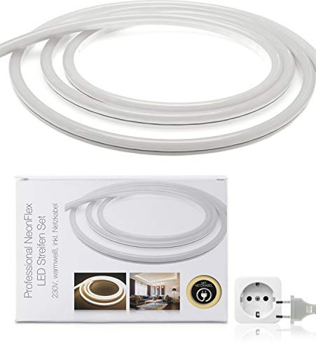 LED Universum 12 Meter Pro230 NeonFlex LED Streifen warmweiß mit Netzanschlusskabel, IP65, 230 V, 9 W/m, 280 lm/m, für Innen- und Außenbereich