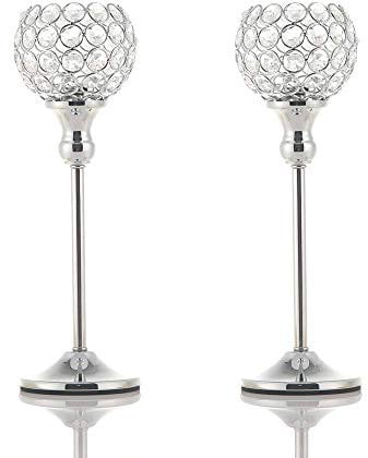 VINCIGANT Crystal Silver Candle Holders,Candlestick Holders,Crystal Tea Light Holder, Ornaments for Living Room, Wedding Table Decoration, 2pcs 33cm Tall- Gift Box Package