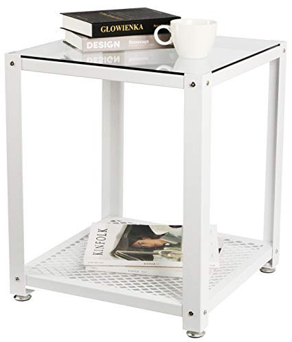 J JACKCUBE DESIGN MK504B,Mesa auxiliar cuadrada de cristal de 2 niveles, con parte superior de cristal y parte inferior de malla metálica para dormitorio, mesita de noche, sofá – MK504B