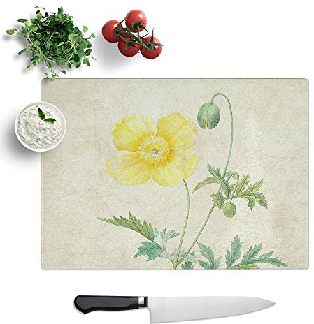 Glass Chopping Board - Welse Poppy in Yellow by Pierre-Joseph Redoute - Textured Worktop Saver Cutting Board - Heat Resistant, Shatterproof and Hygenic - 28.5 x 20 cm