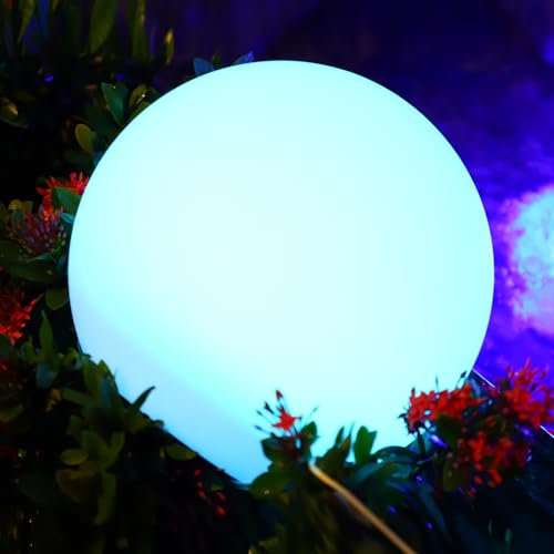 Lámpara Esfera Solar de Jardín, RGB Iluminación Exterior LED Diámetro 30cm, con 16 Colores Ajustables, IP68 Impermeable, Carga por Solar y USB, 1200 mAh Luz Solar para Césped, Piscina, Patio, Balcón