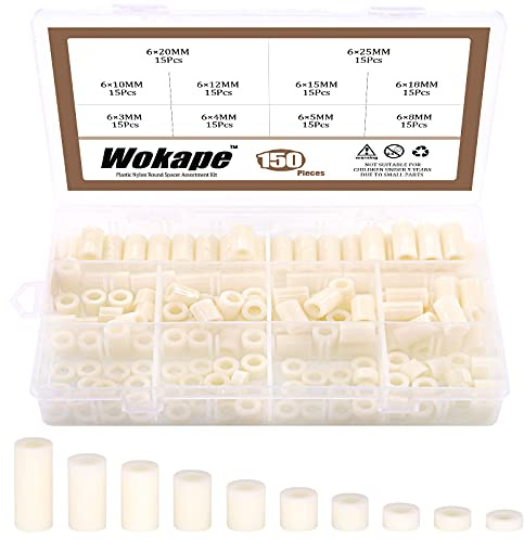Wokape Lot de 150 entretoises rondes en nylon pour vis M6, rondelles plates en nylon de 3 mm, 4 mm, 5 mm, 8 mm, 10 mm, 12 mm, 15 mm, 18 mm, 20 mm, 25 mm