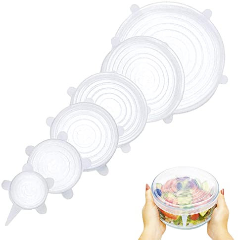 Couvercle silicone alimentaire adaptables elastiques extensibles reutilisables Lave vaisselle film charlotte couvre plat alimentaire reutilisable (6 Unités)