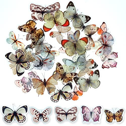 ExceLife Retro Butterfly Stickers Set, Self-Adhesive PET Transparent Waterproof Butterflies Stickers for Scrapbooking, Journal, Album, Phone Case, Laptop, Card Making, 40Pcs (Butterfly White)