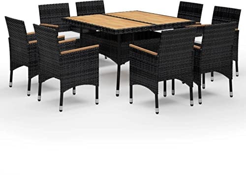 Gecheer 9-TLG. Garten Essgruppe, Terrassenmöbel Set 8 Personen, Sitzgruppe Esstisch mit Akazienholz-Tischplatte & 8 Stühle mit Kissen, Gartenmöbel Set Poly Rattan und Akazienholz Schwarz