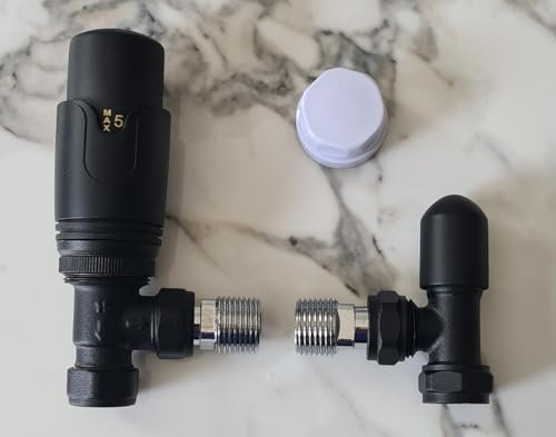 Team Controls Matt Black Angled Towel Rail Thermostatic Radiator Valves TRV & Lockshield Pack Set Pair TC-TRVAB, 15mm x 1/2''