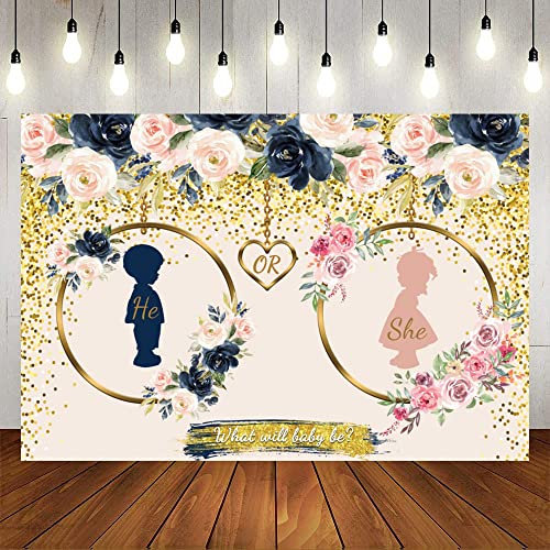 OFILA 3 x 2,4 m Geschlecht Reveal Dekorationen Banner Hintergrund Navy und Blush He or She What Will Baby Be Gender Reveal Hintergrund Junge oder Mädchen Schwangerschaft offenbart Fotografie