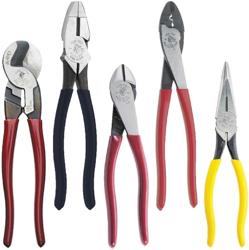 Dipped Plier Kit, Diagonal Cutting, Needle Nose, Side-Cutting High Leverage Linesman Pliers, Cutter and Crimper, 5-Piece