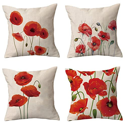 Tainrun 4er Set Dekorativ Kissenbezug Rote Mohnblumen(45x45cm), Leinen Kissenbezüge Dekorative Kissenhülle Zierkissenbezug mit Unsichtbarem Reißverschluss für Couch, Auto, Schlafzimmer