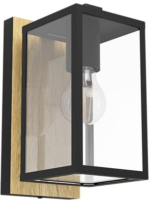 EGLO Wandlampe außen Budrone, Außenbeleuchtung Hauswand, Wand Außenlampe, Außenwandleuchte aus Metall in Schwarz und Holz-Optik, Glas in Transparent, E27 Fassung, IP44