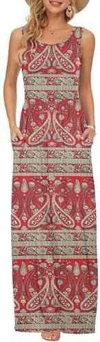 AUSELILY Damen Sommer Ärmelloses Lockeres Maxikleid Lässiges Langes Kleid mit Taschen Boho Blumen Rot M