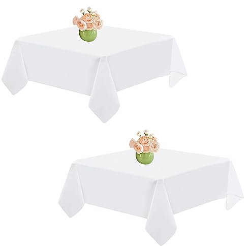 Weiße rechteckige Tischdecke aus Polyester, 132 x 132 cm, 2er-Pack für rechteckige Tische. Polyester-Tischdecke, schmutzabweisend, knitterfrei, waschbare Tischdecke für Hochzeitsbankett